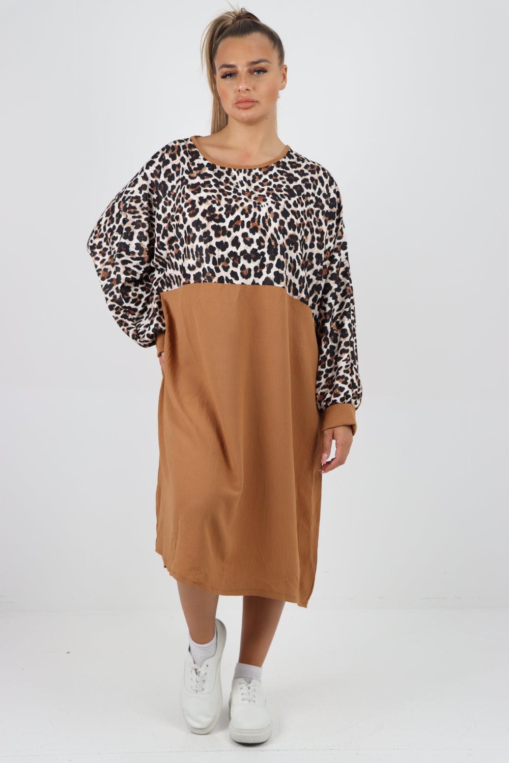 Long Sleeve Leopard Print Tunic Dress - Lashra Fashion