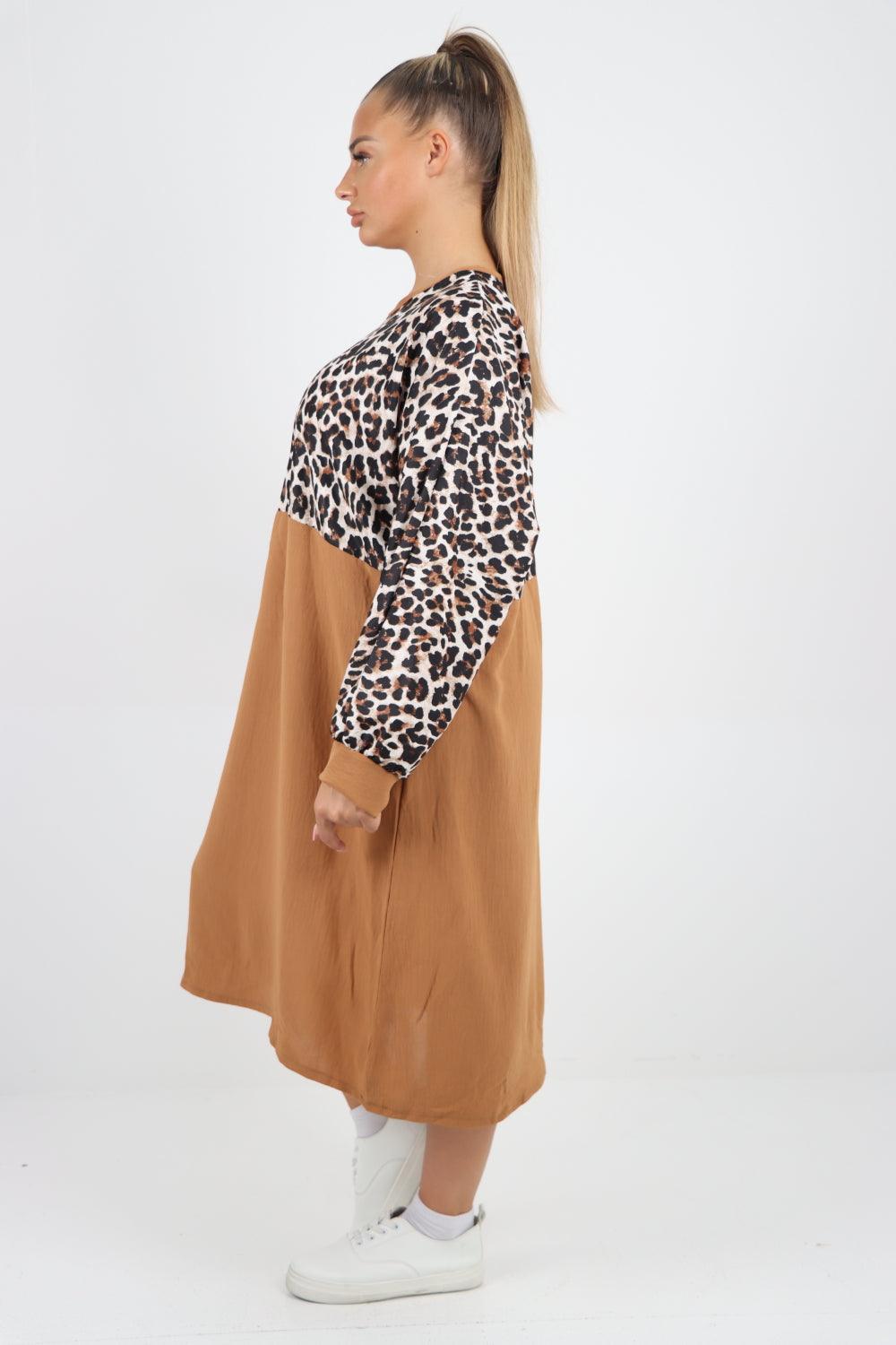 Long Sleeve Leopard Print Tunic Dress - Lashra Fashion