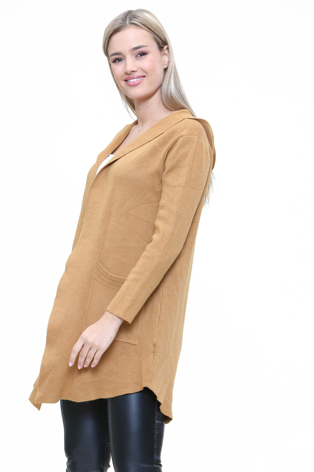 Plait Back Hooded Open Front Cardigan