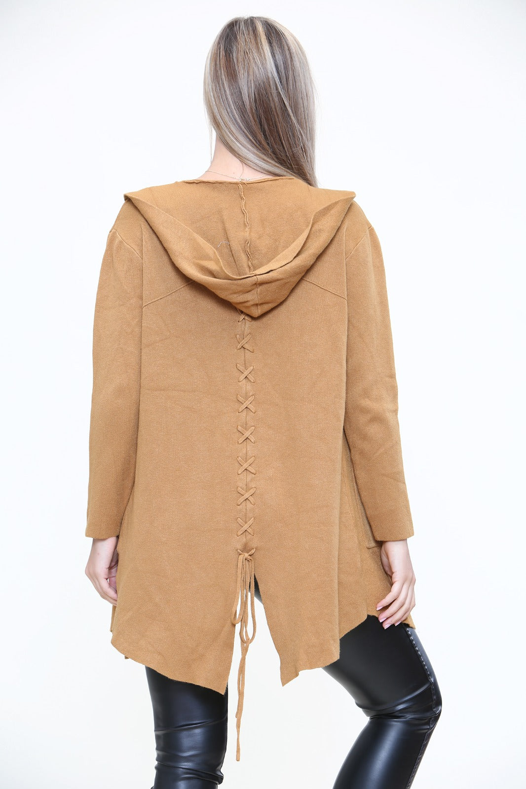 Plait Back Hooded Open Front Cardigan