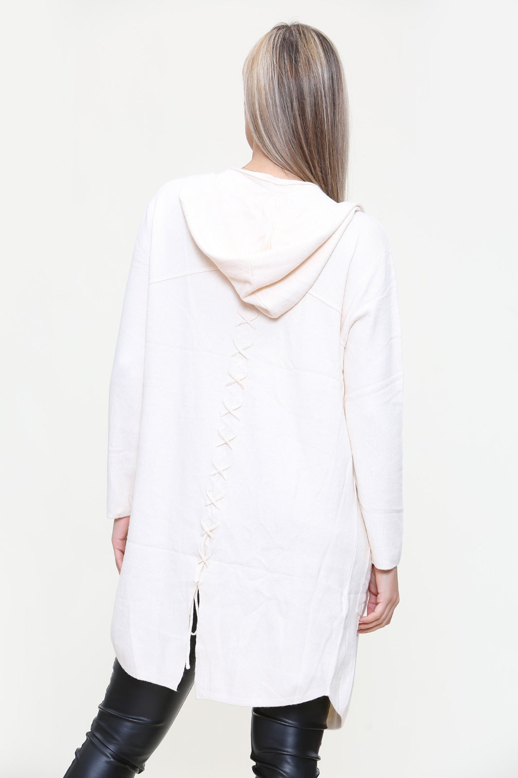 Plait Back Hooded Open Front Cardigan