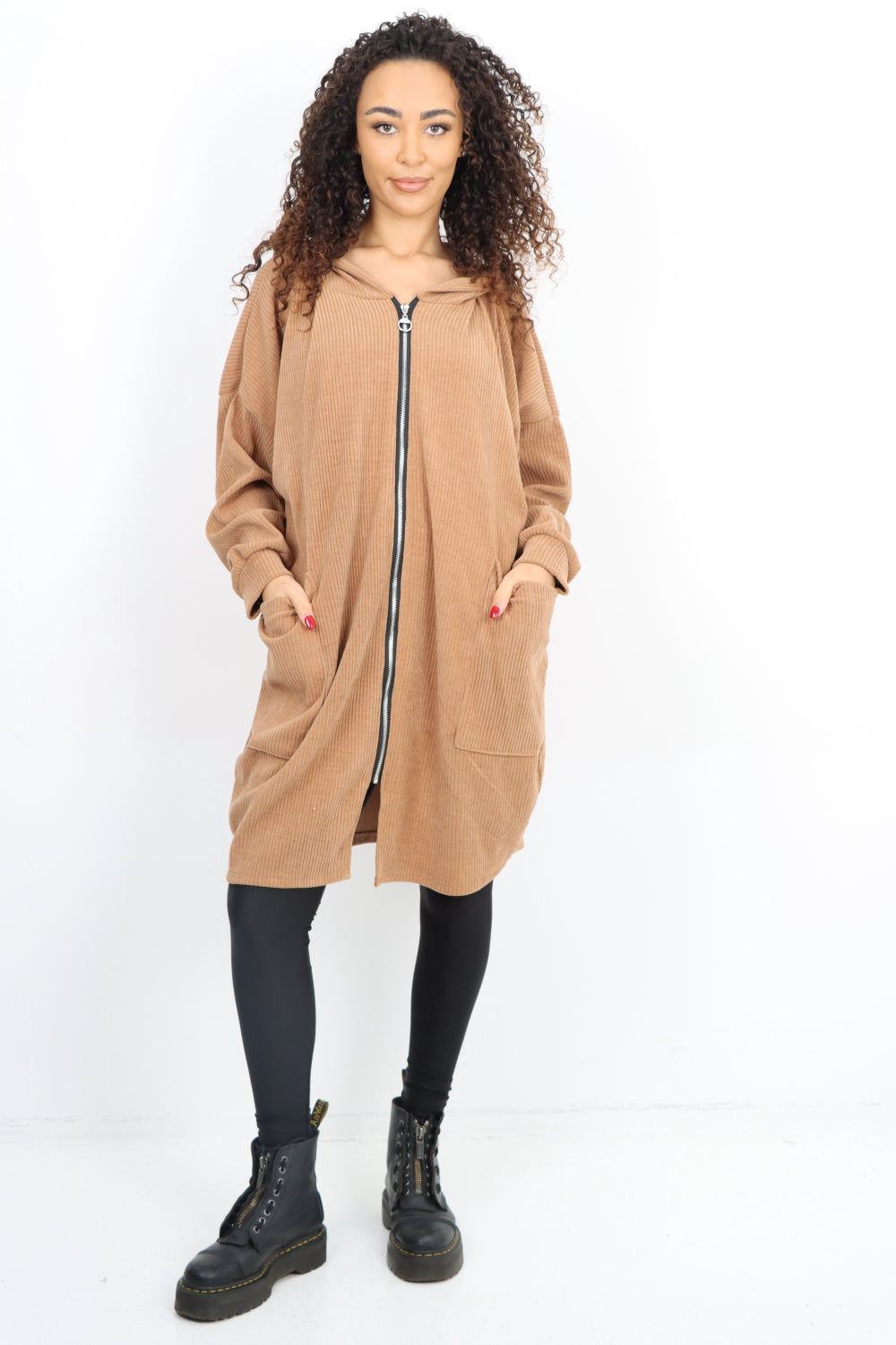 Corduroy Zip Up Long sleeve Hooded Dress