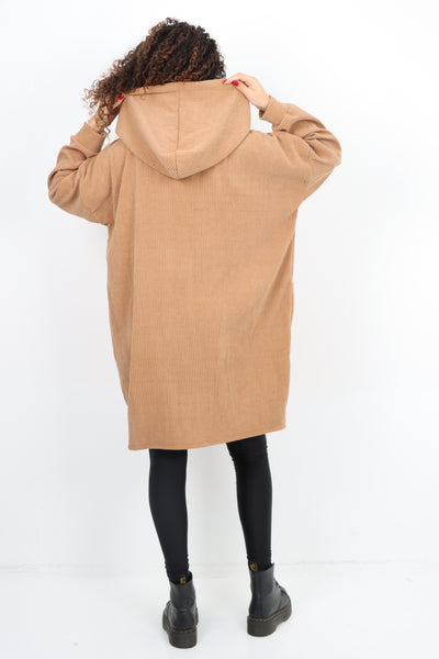 Corduroy Zip Up Long sleeve Hooded Dress