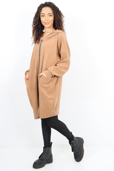 Corduroy Zip Up Long sleeve Hooded Dress