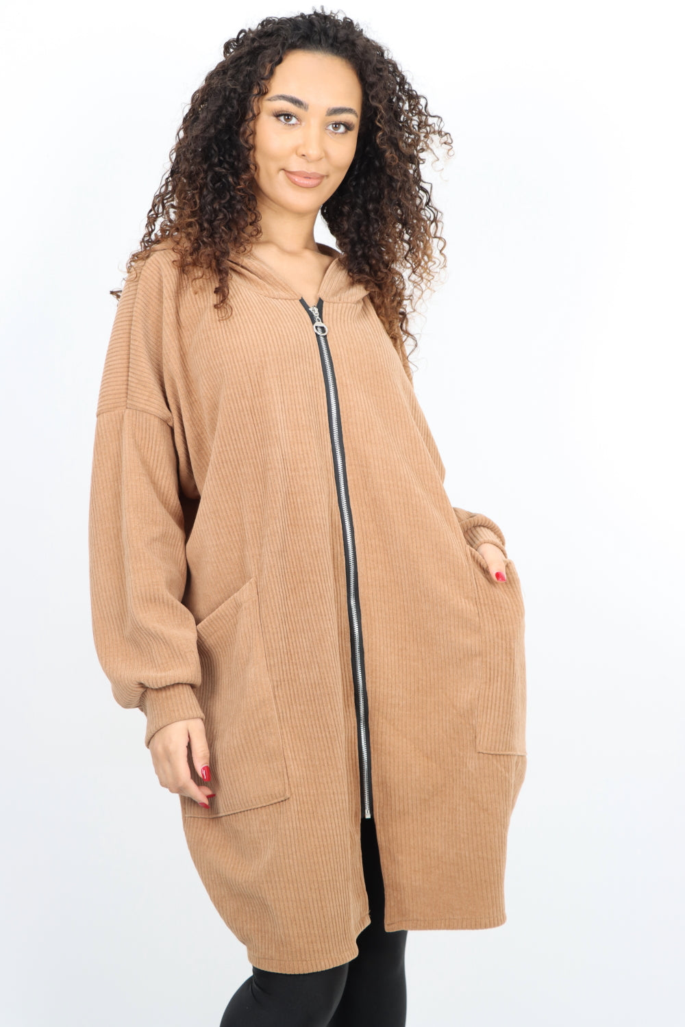 Corduroy Zip Up Long sleeve Hooded Dress