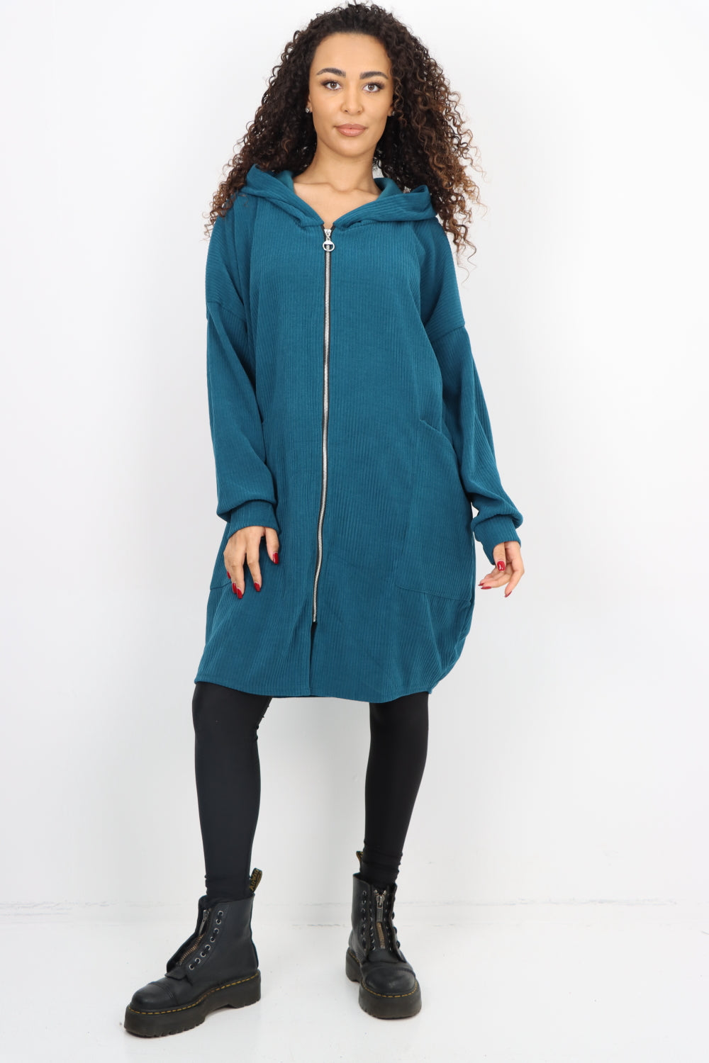 Corduroy Zip Up Long sleeve Hooded Dress