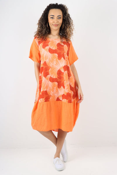 Tulip Print Short Sleeve Round Neck Midi Dress - Lashra Fashion