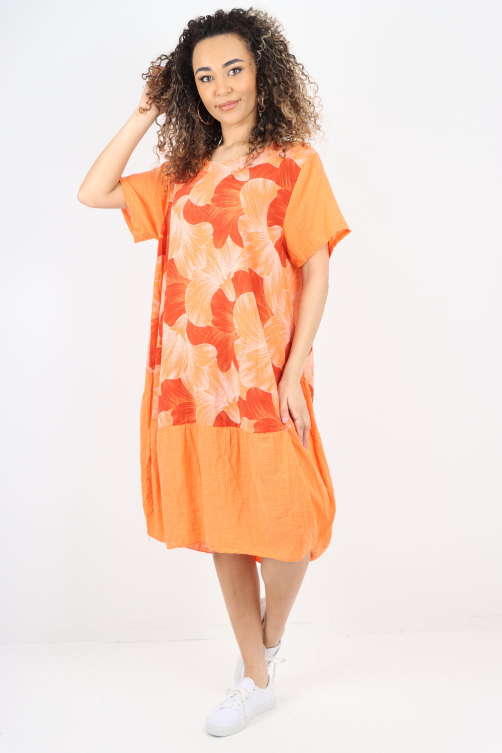 Tulip Print Short Sleeve Round Neck Midi Dress