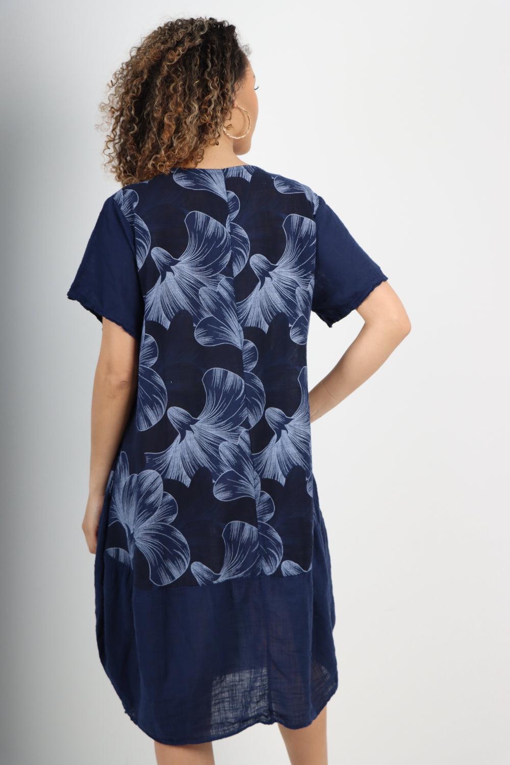 Tulip Print Short Sleeve Round Neck Midi Dress - Lashra Fashion