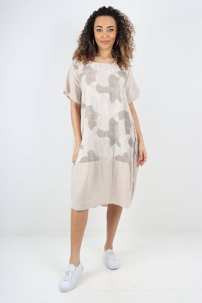 Tulip Print Short Sleeve Round Neck Midi Dress - Lashra Fashion