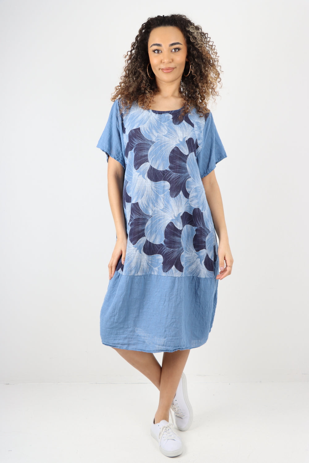 Tulip Print Short Sleeve Round Neck Midi Dress