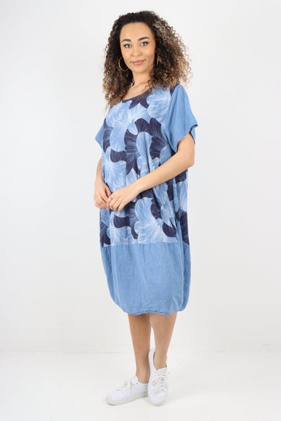 Tulip Print Short Sleeve Round Neck Midi Dress - Lashra Fashion