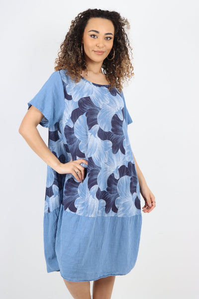 Tulip Print Short Sleeve Round Neck Midi Dress