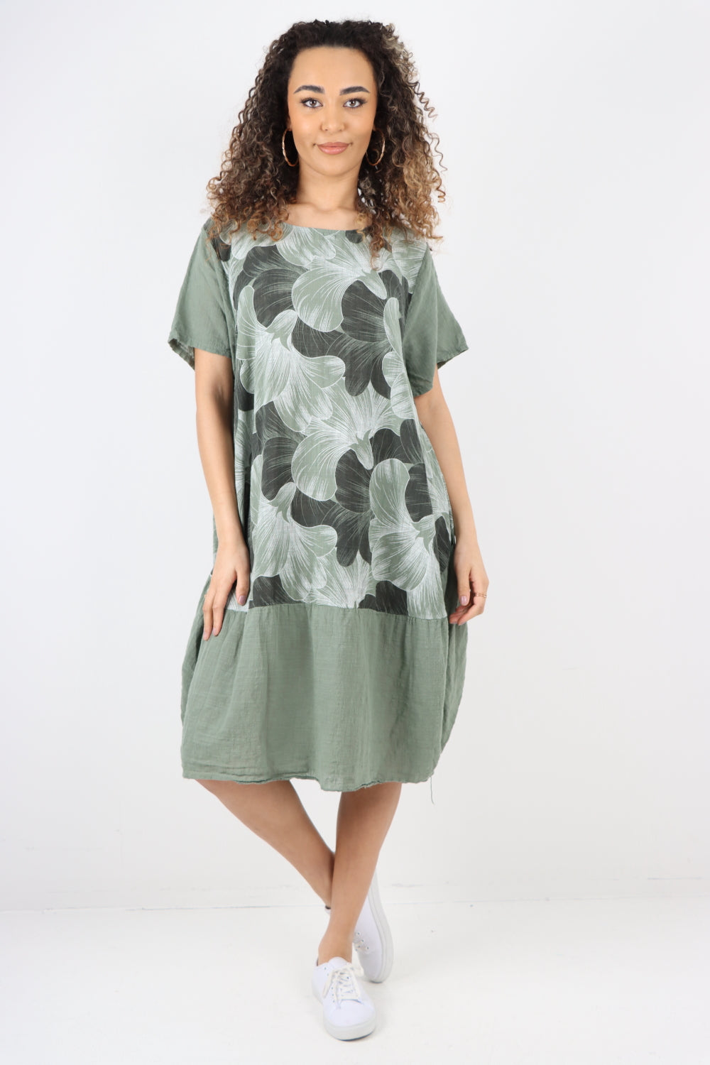 Tulip Print Short Sleeve Round Neck Midi Dress