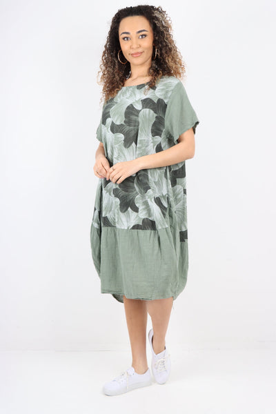 Tulip Print Short Sleeve Round Neck Midi Dress