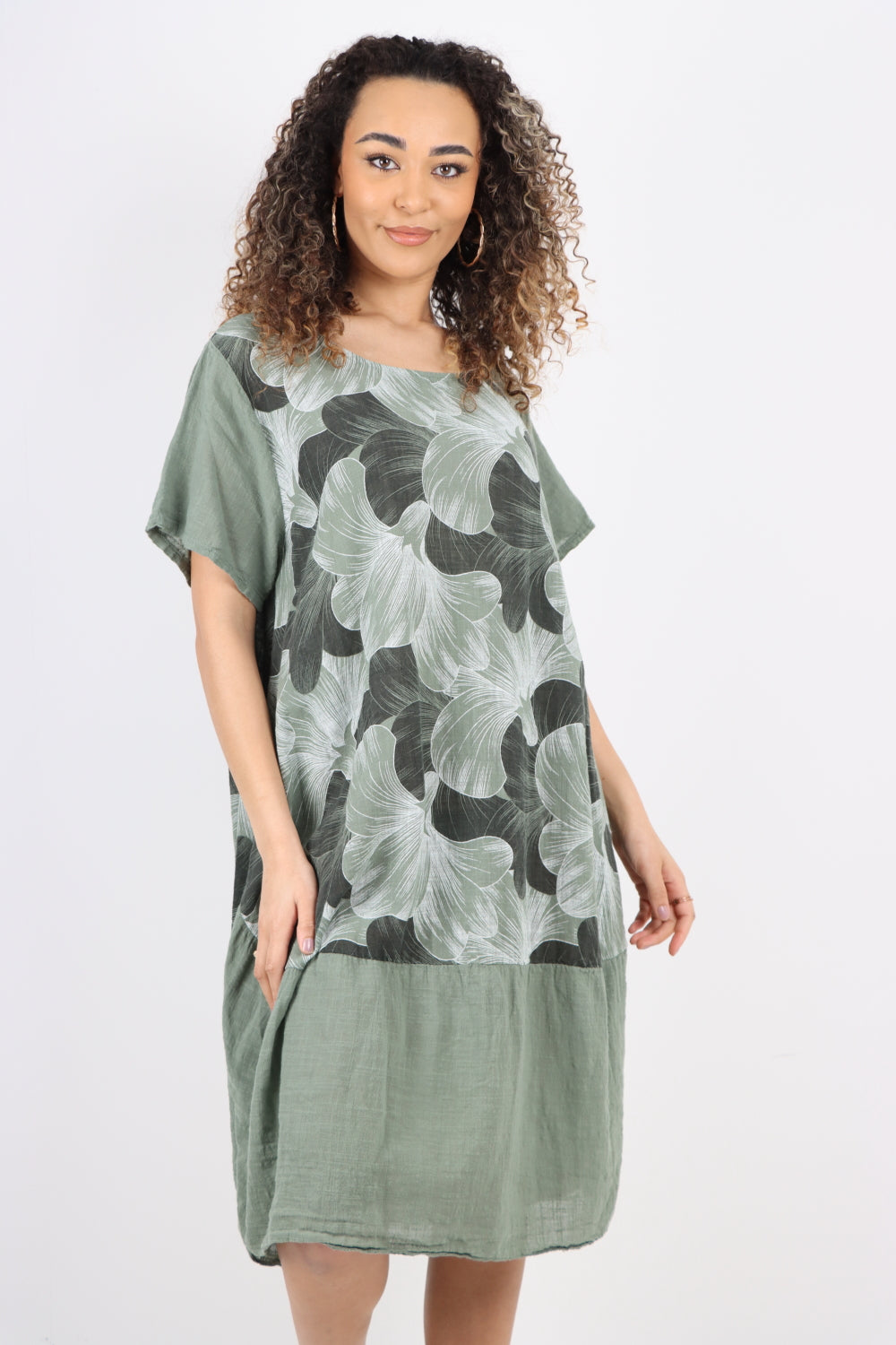 Tulip Print Short Sleeve Round Neck Midi Dress