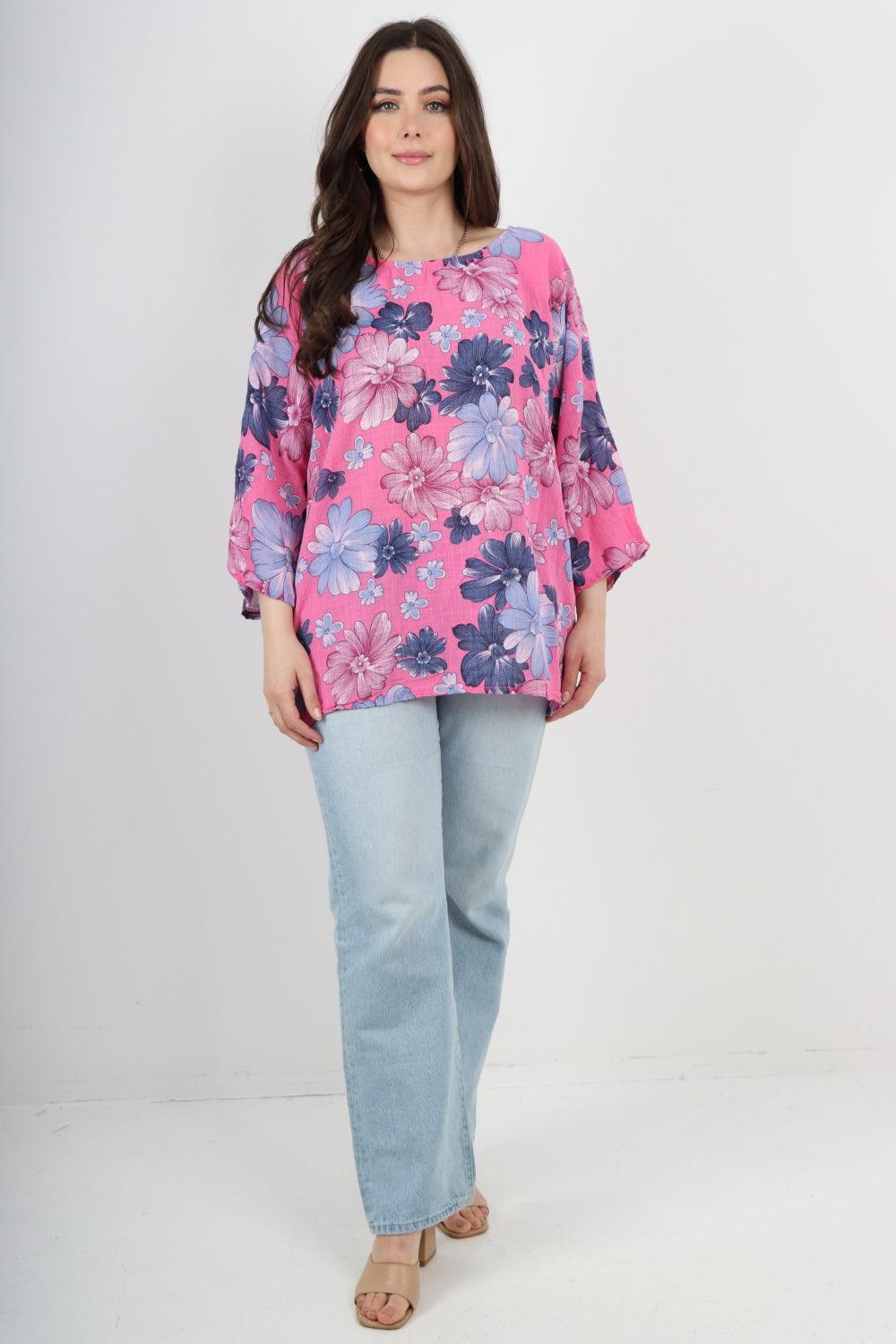 Multi Floral Print Cotton Tunic Top - Lashra Fashion