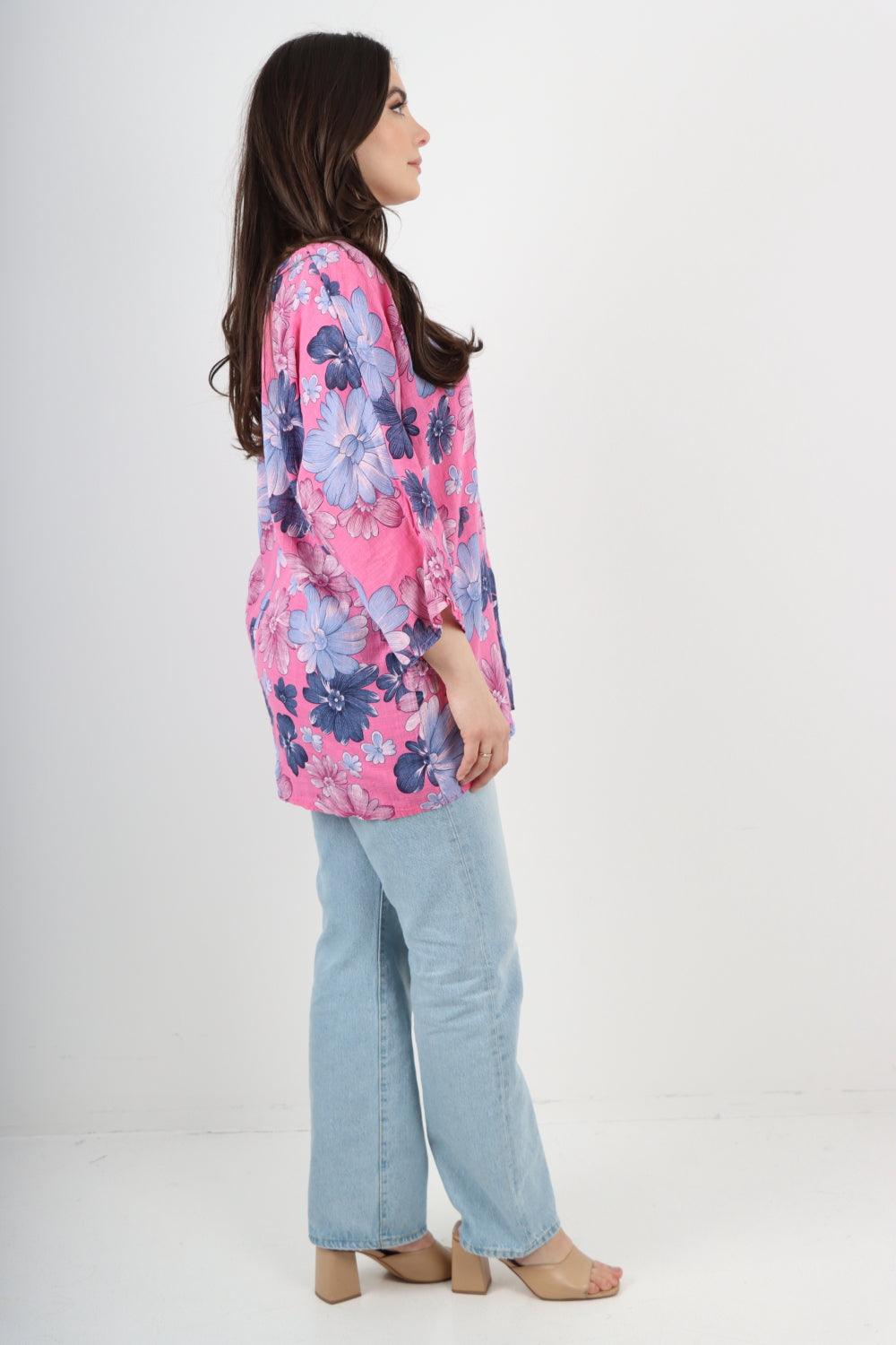 Multi Floral Print Cotton Tunic Top - Lashra Fashion