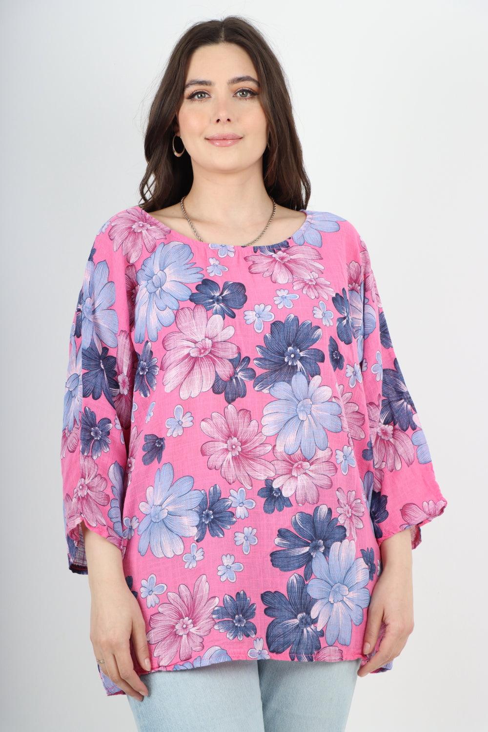 Multi Floral Print Cotton Tunic Top - Lashra Fashion