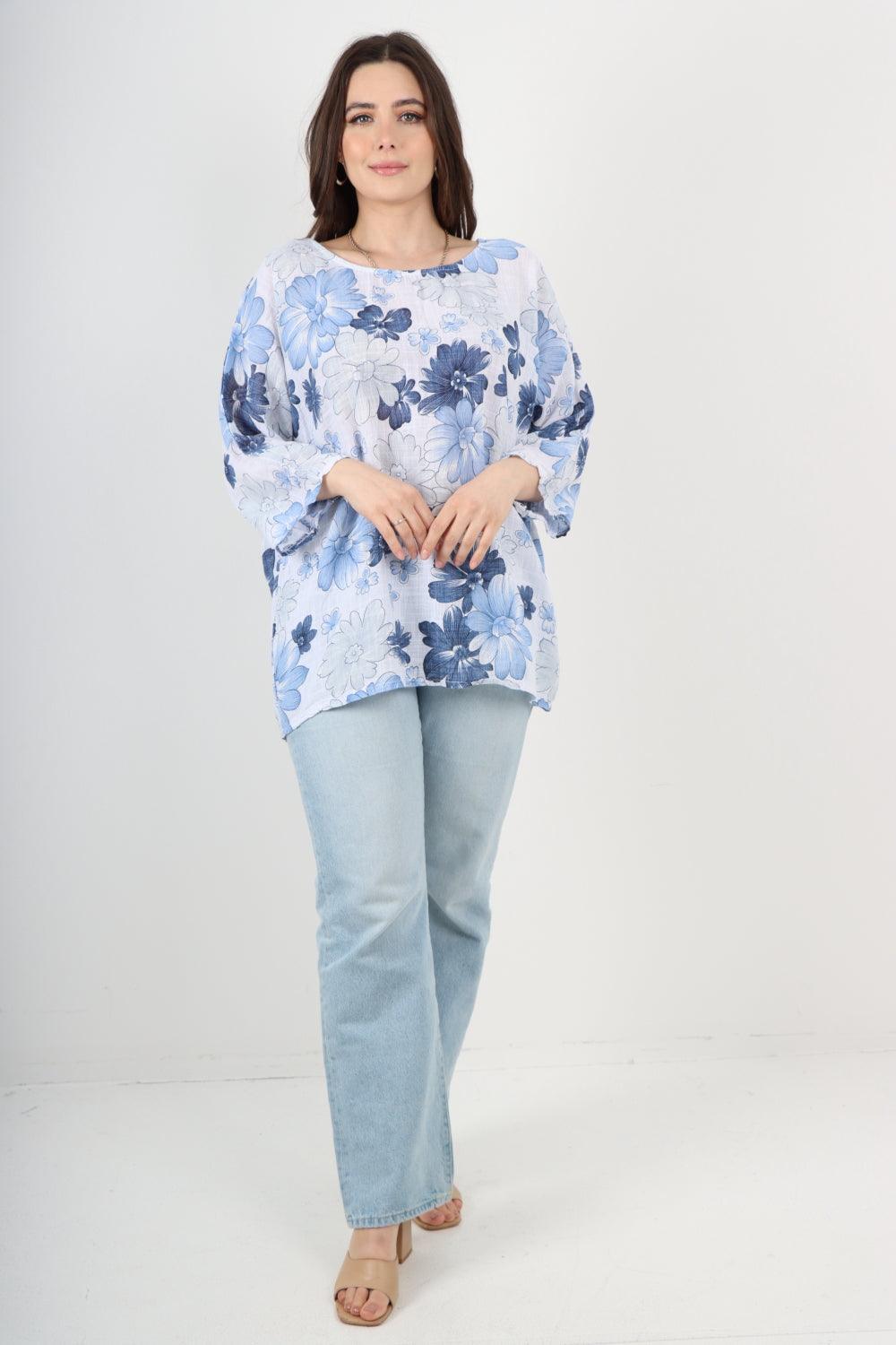 Multi Floral Print Cotton Tunic Top - Lashra Fashion