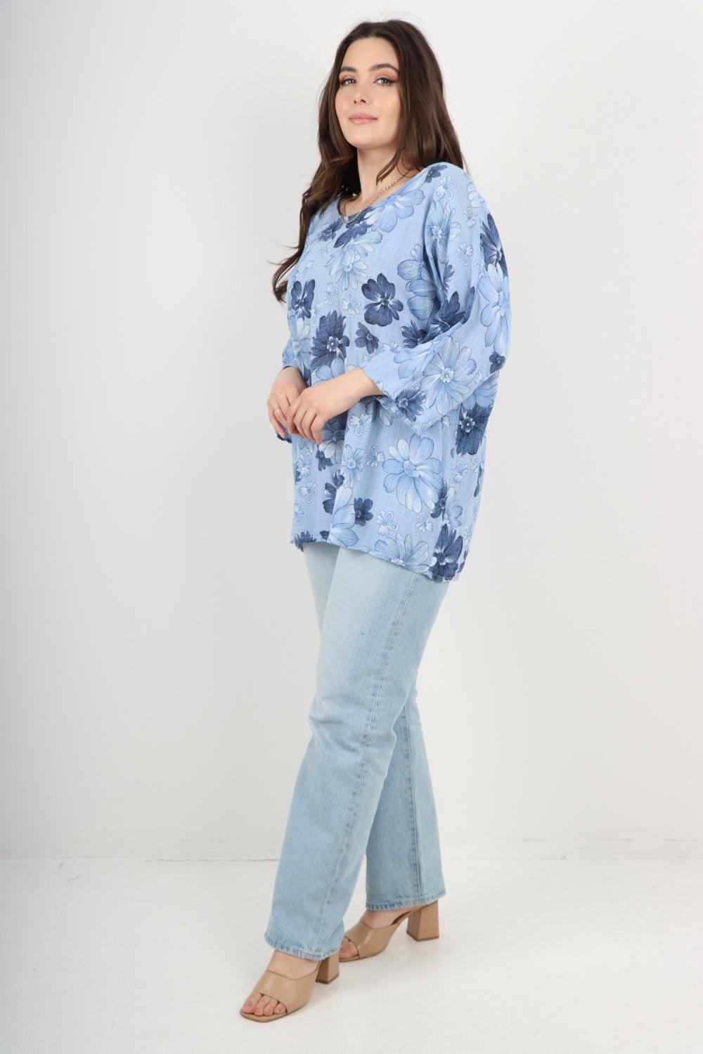 Multi Floral Print Cotton Tunic Top - Lashra Fashion