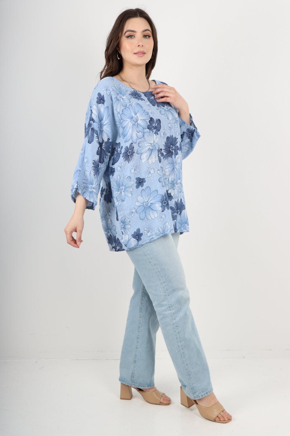 Multi Floral Print Cotton Tunic Top - Lashra Fashion