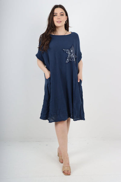 Sequin Patch Star Short Sleeve Midi Dress - Lashra Fashion