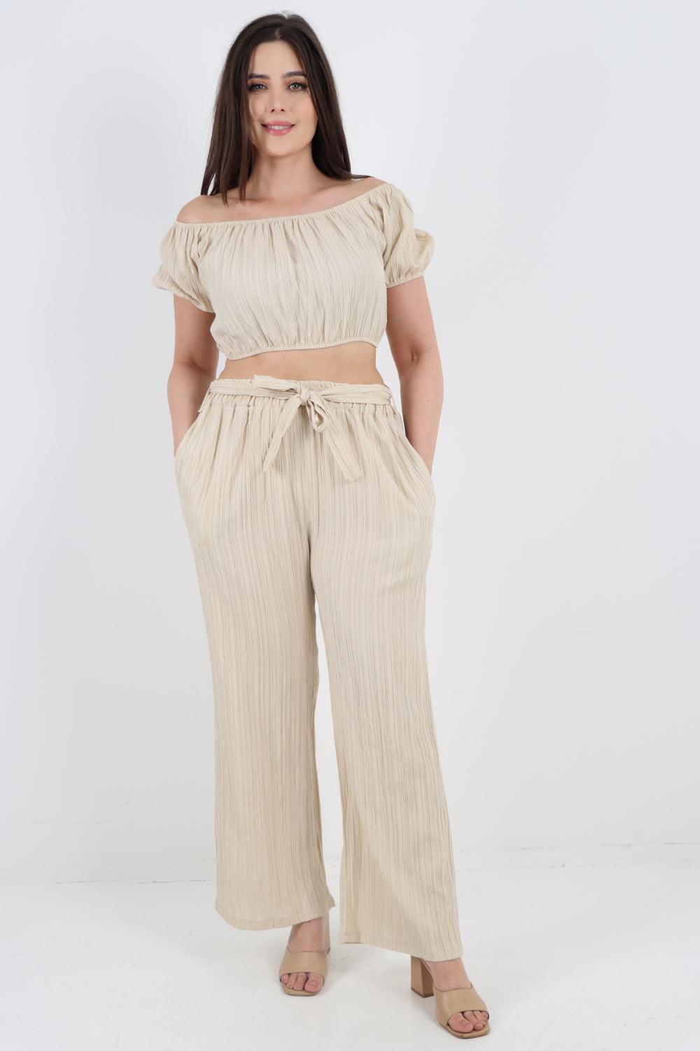 Bardot Crop Top & Belted Bottom Co-Ord Set - Lashra Fashion