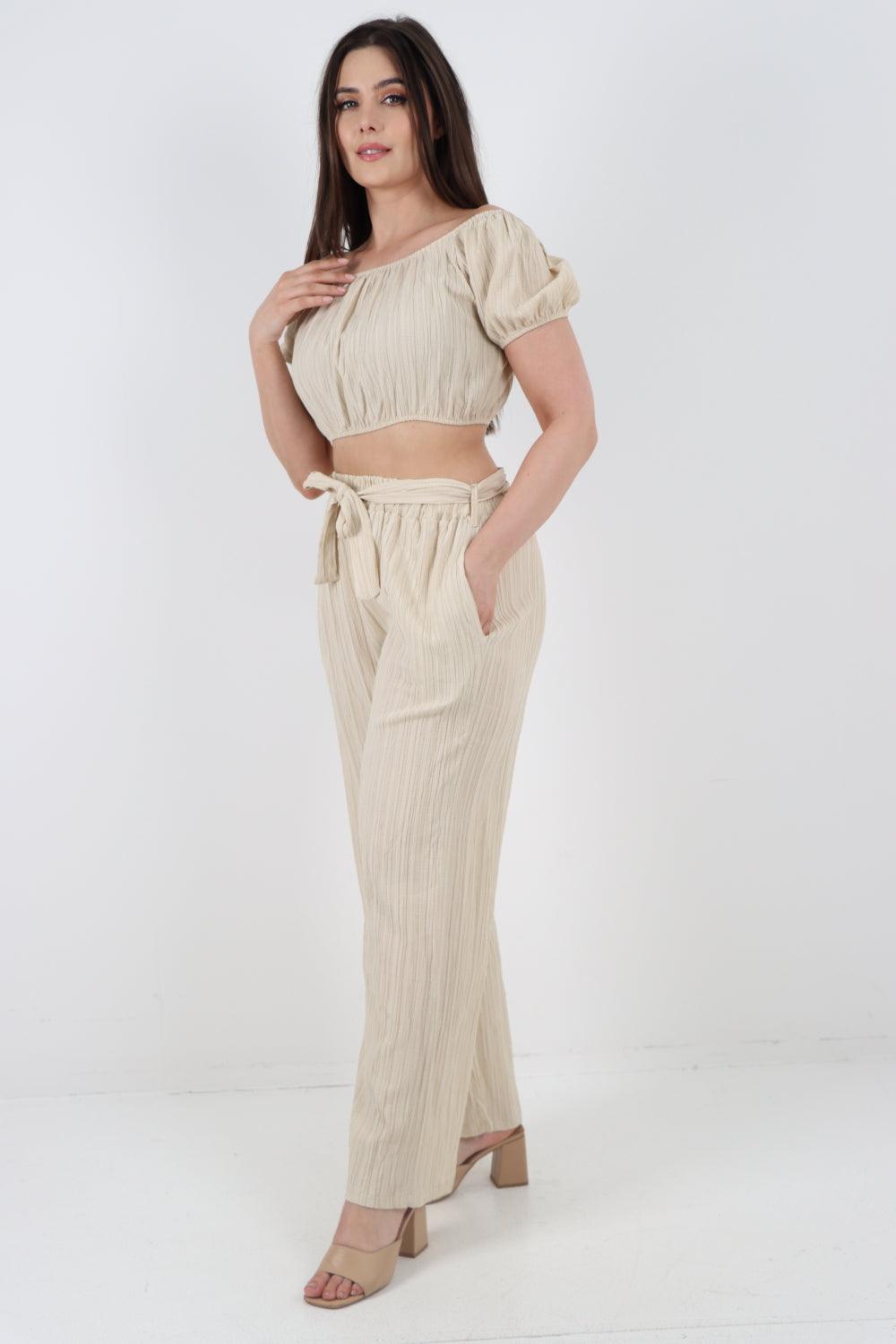 Bardot Crop Top & Belted Bottom Co-Ord Set - Lashra Fashion