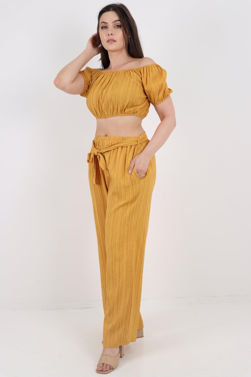 Bardot Crop Top & Belted Bottom Co-Ord Set - Lashra Fashion