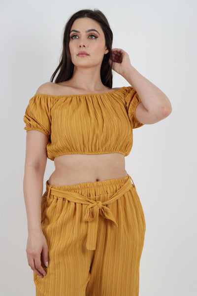 Bardot Crop Top & Belted Bottom Co-Ord Set - Lashra Fashion