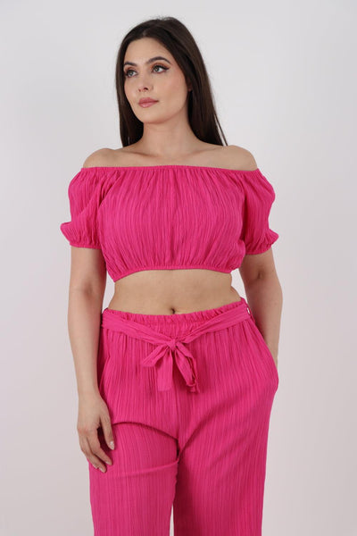 Bardot Crop Top & Belted Bottom Co-Ord Set - Lashra Fashion