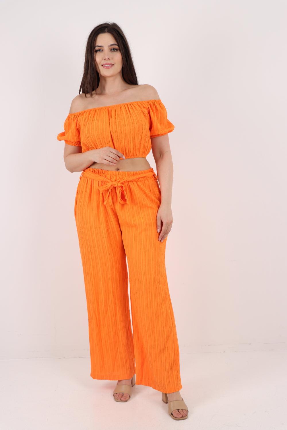 Bardot Crop Top & Belted Bottom Co-Ord Set - Lashra Fashion