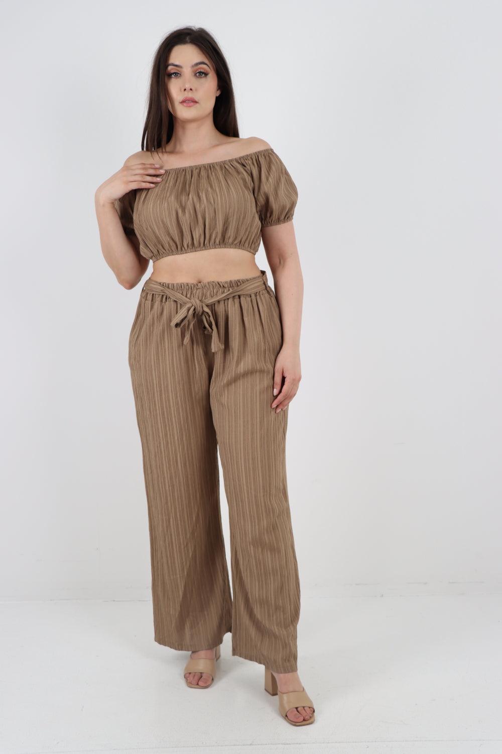 Bardot Crop Top & Belted Bottom Co-Ord Set - Lashra Fashion