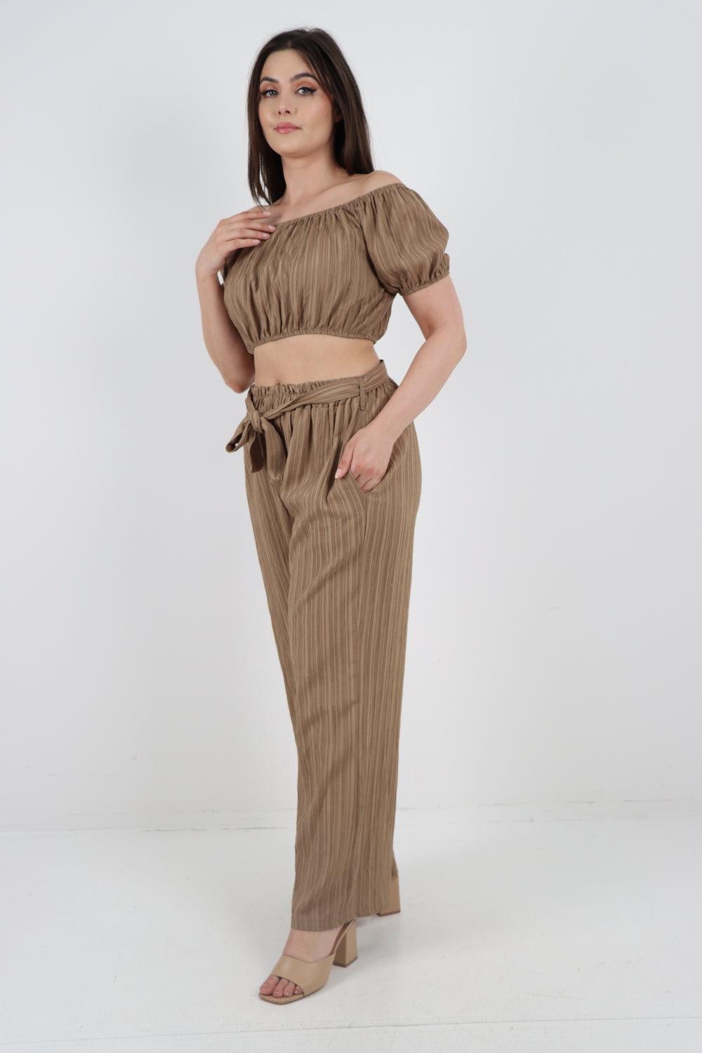 Bardot Crop Top & Belted Bottom Co-Ord Set - Lashra Fashion