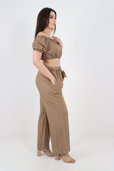 Bardot Crop Top & Belted Bottom Co-Ord Set - Lashra Fashion