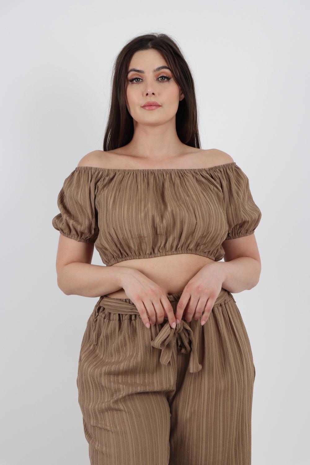 Bardot Crop Top & Belted Bottom Co-Ord Set - Lashra Fashion