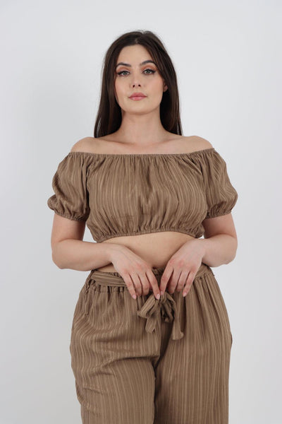 Bardot Crop Top & Belted Bottom Co-Ord Set - Lashra Fashion