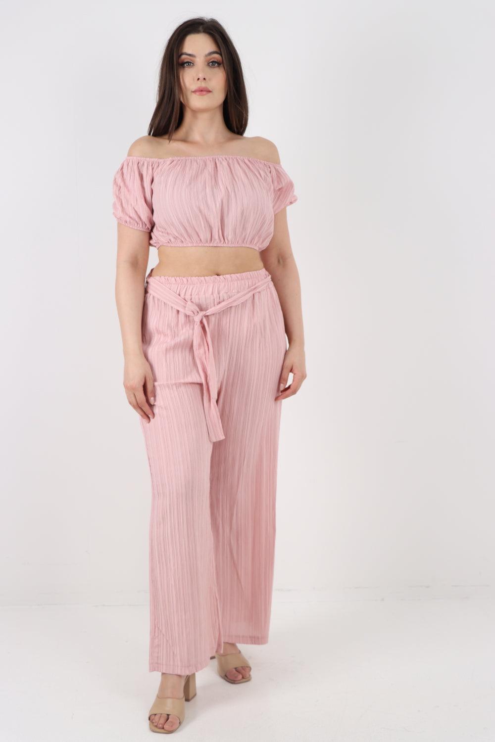 Bardot Crop Top & Belted Bottom Co-Ord Set - Lashra Fashion