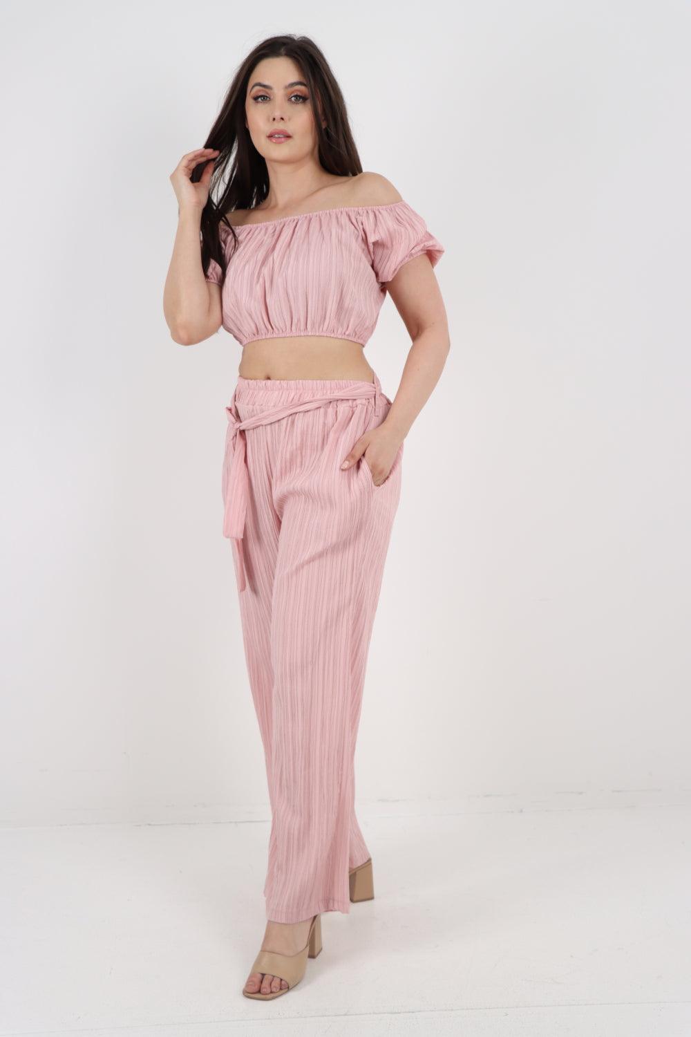 Bardot Crop Top & Belted Bottom Co-Ord Set - Lashra Fashion