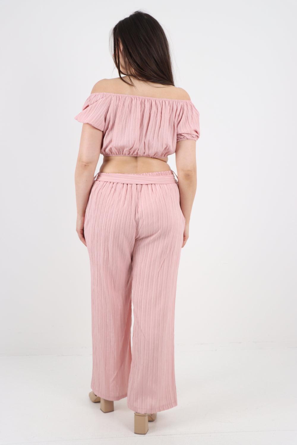 Bardot Crop Top & Belted Bottom Co-Ord Set - Lashra Fashion