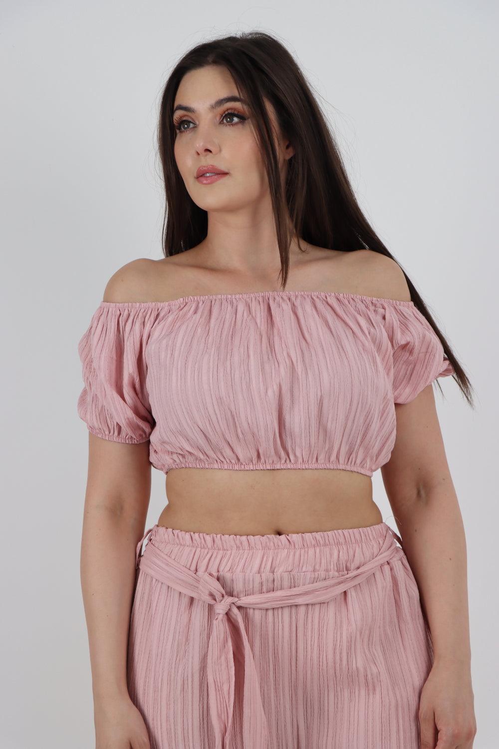 Bardot Crop Top & Belted Bottom Co-Ord Set - Lashra Fashion