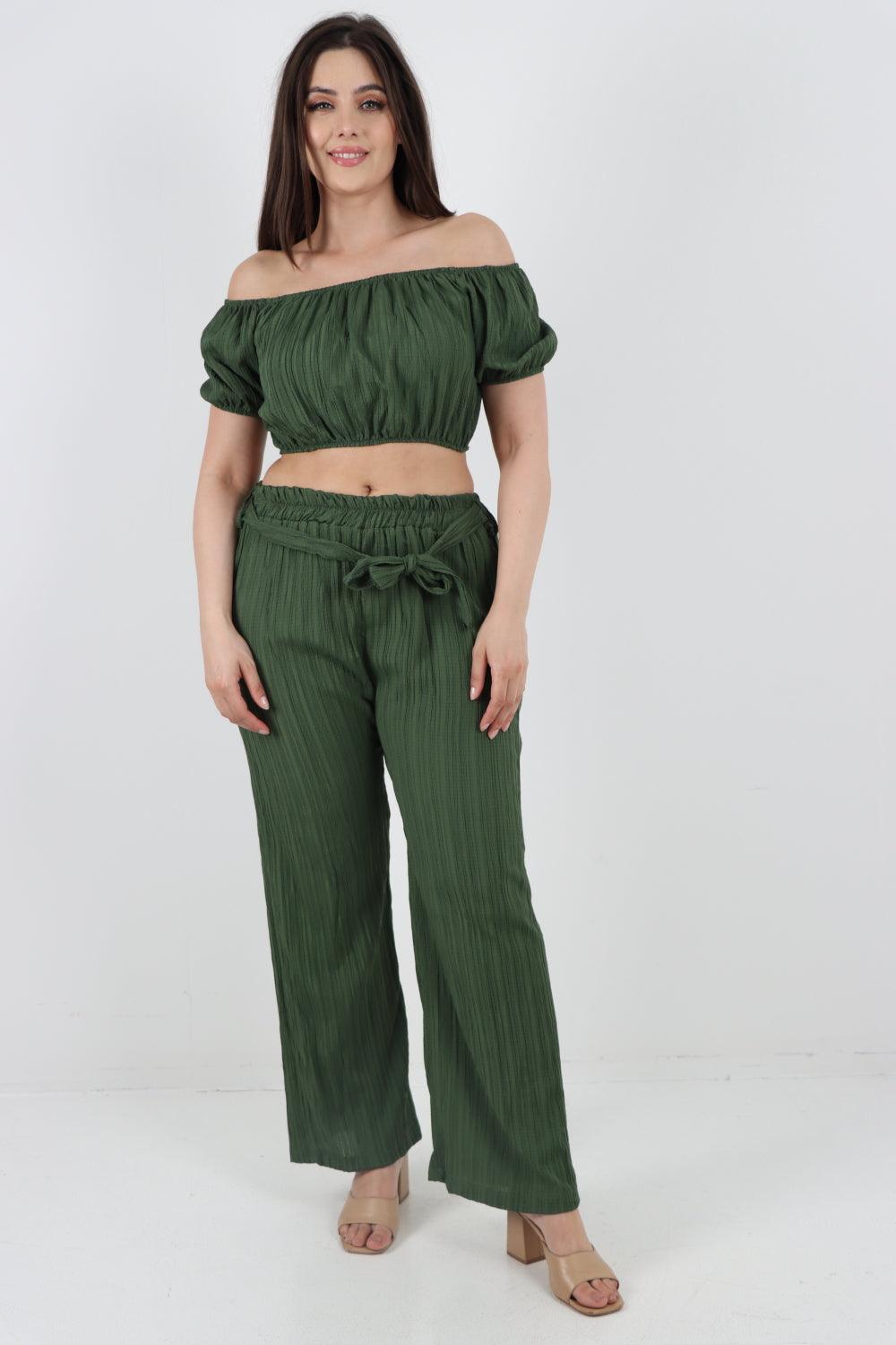 Bardot Crop Top & Belted Bottom Co-Ord Set - Lashra Fashion