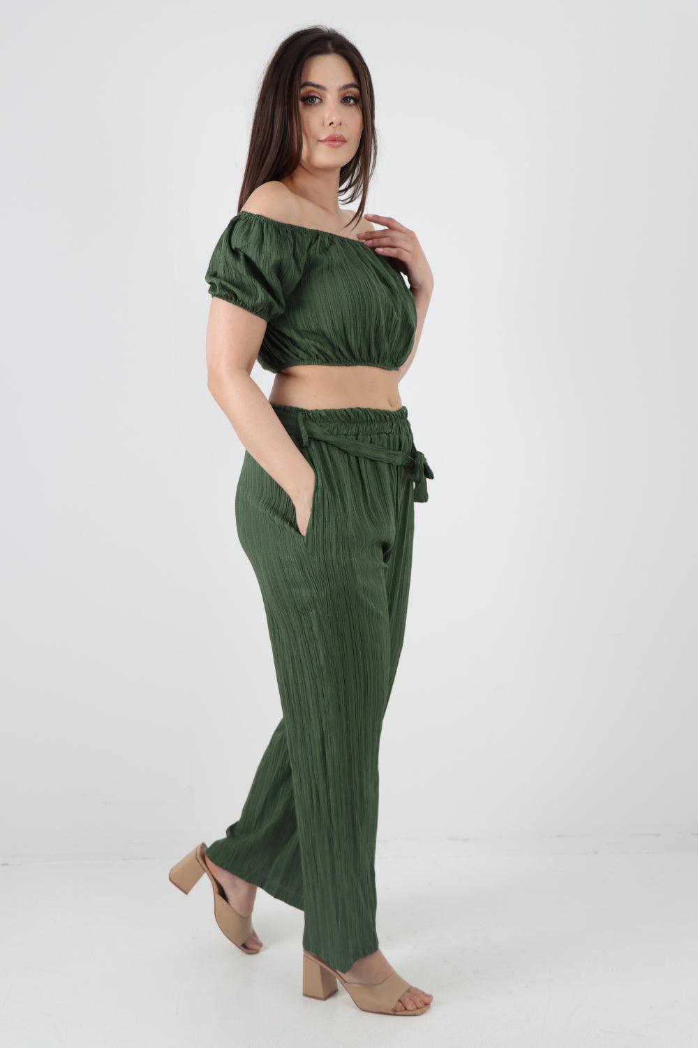 Bardot Crop Top & Belted Bottom Co-Ord Set - Lashra Fashion