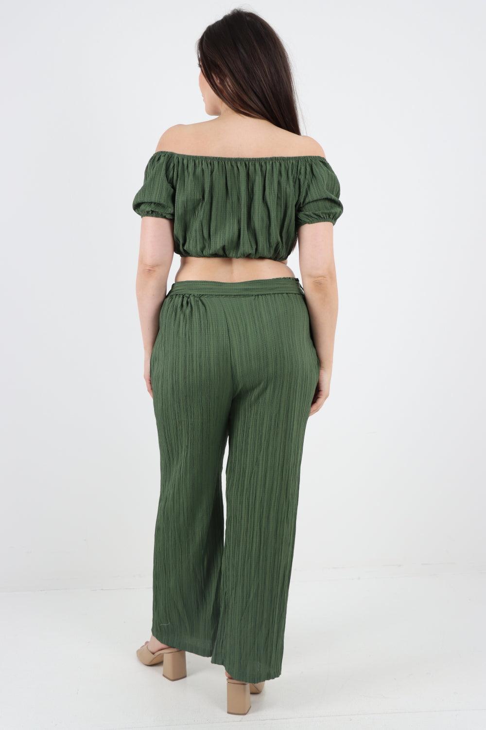 Bardot Crop Top & Belted Bottom Co-Ord Set - Lashra Fashion