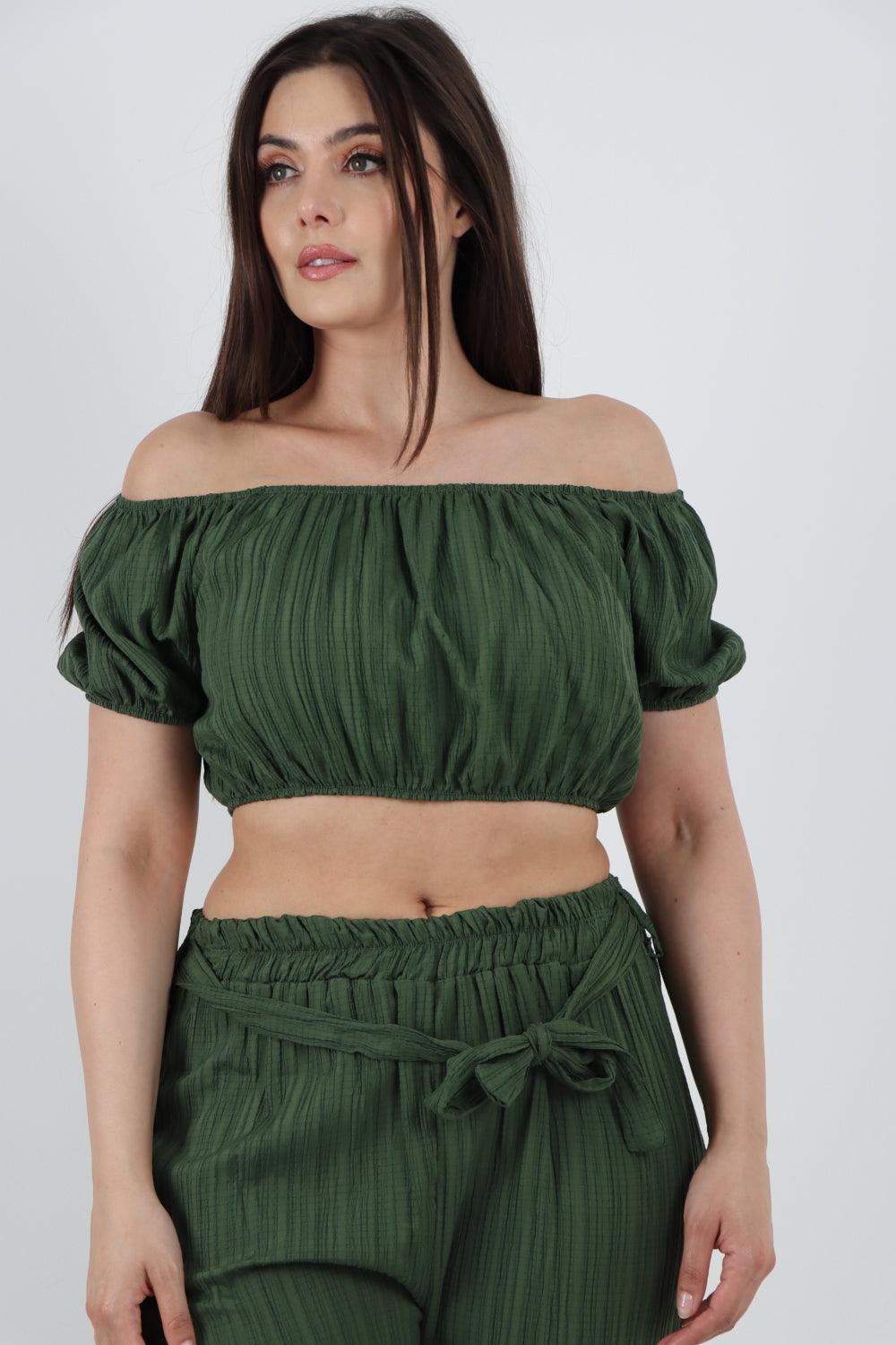 Bardot Crop Top & Belted Bottom Co-Ord Set - Lashra Fashion