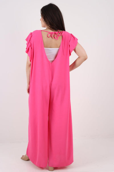 Ruffled Sleeve Back Tie Open Jumpsuit - Lashra Fashion