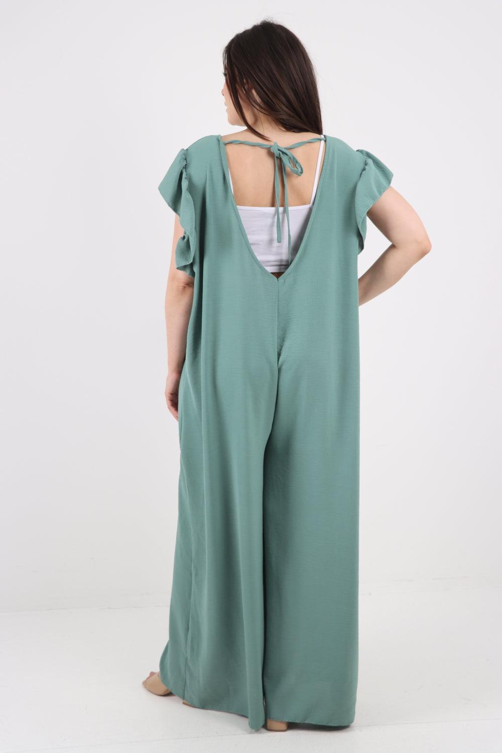 Ruffled Sleeve Back Tie Open Jumpsuit - Lashra Fashion