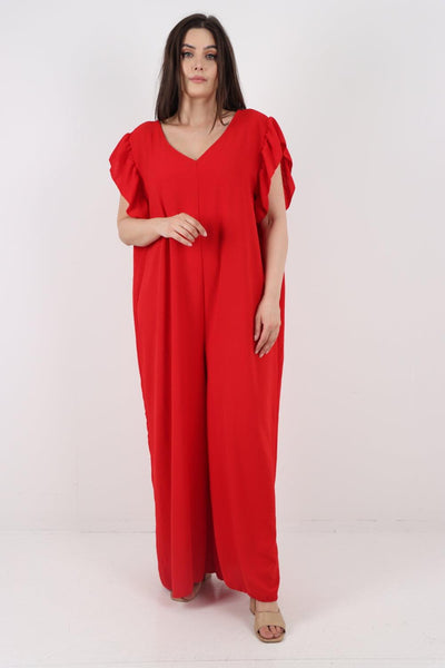 Ruffled Sleeve Back Tie Open Jumpsuit - Lashra Fashion