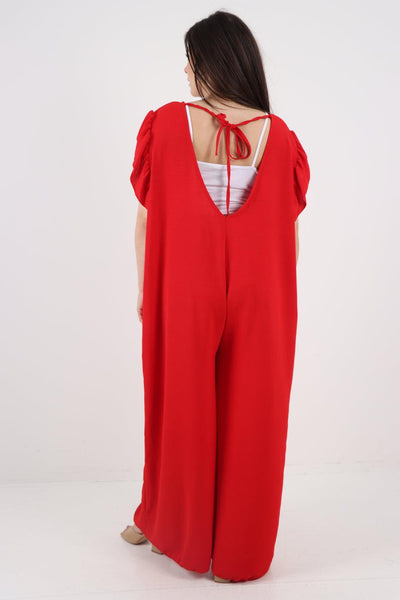 Ruffled Sleeve Back Tie Open Jumpsuit - Lashra Fashion